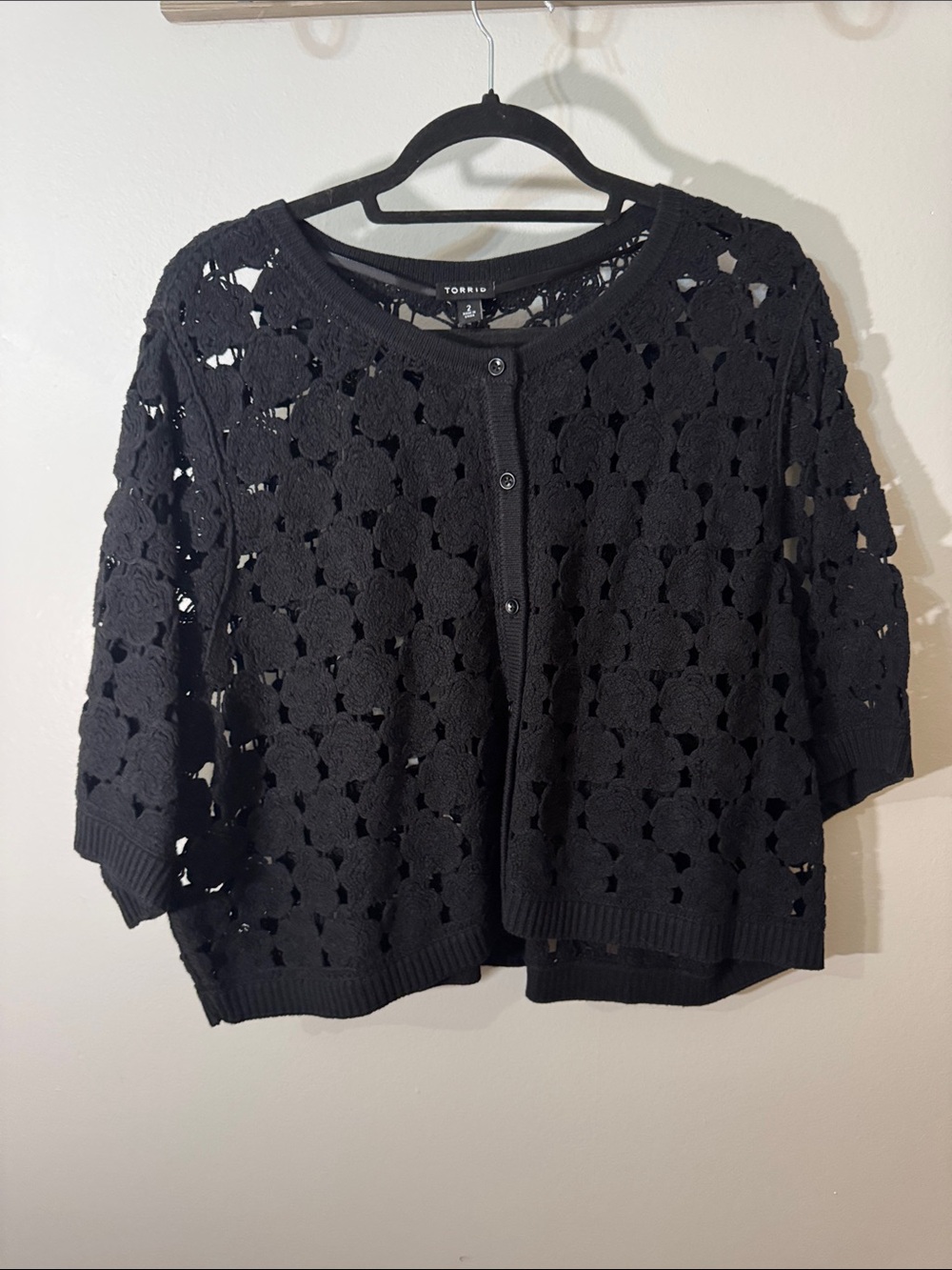 torrid Black Openwork Crochet Short-Sleeve Cardigan